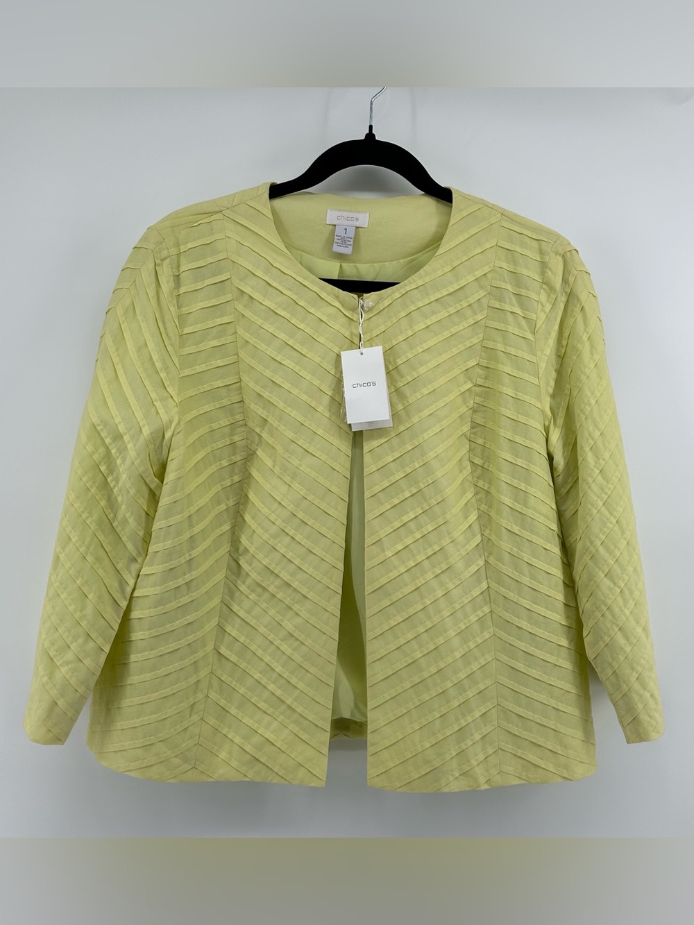 NWT Chico's Open Front Diagonal Pintuck Jacket Pale Yellow Size 1 / Medium M